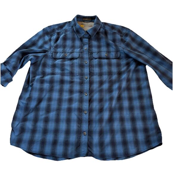 Eddie Bauer Women’s Blue Plaid Travex Roll Tab Sleeve Vented Shirt Size Large - Picture 4 of 16